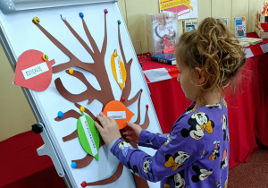 Widok na dziewczynkę, która umieszcza na drzewie liść z „magicznym słowem”.