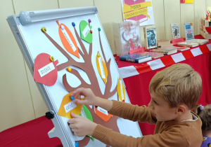 Widok na chłopca, który umieszcza na drzewie liść z „magicznym słowem”.
