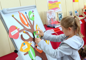 Widok na dziewczynkę, która umieszcza na drzewie liść z „magicznym słowem”.