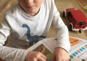 Zdjęcie przedstawia uśmiechniętego chłopca, który wykonuje zadanie w książce.