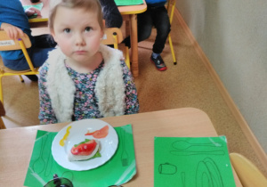 Dziewczynka siedzi przy stoliku. Na stole leży biały talerz z kanapką udekorowaną sałatą, pomidorem i wędliną.