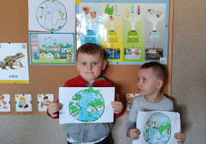 Prezentacja prac plastycznych „Planeta Ziemia” przez 2 dzieci stojących na tle tablicy z obrazkami recyklingu.