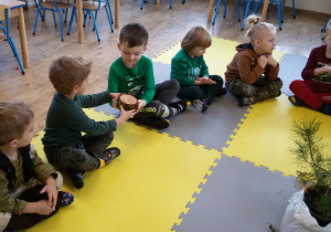 Widok na grupę siedzących na dywanie chłopców, którzy podają sobie kawałek drewna.