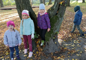 Trzy dziewczynki pozują do zdjęcia przy drzewie. W oddali widać idącego chłopca z kapturem na głowie.