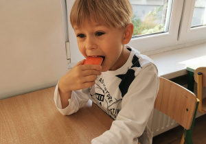 Chłopiec pozuje do zdjęcia w dłoniach trzyma kawałki jabłka, które później zjada.