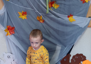 Dziecko pozuje do zdjęcia. W tle znajduje się dekoracja jesienna.