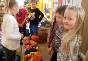 Grupa dzieci ogląda owoce i warzywa zgromadzone na ławeczce.