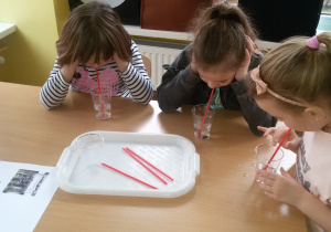 3 dziewczynki siedzą przy stoliku i eksperymentują z wodą.