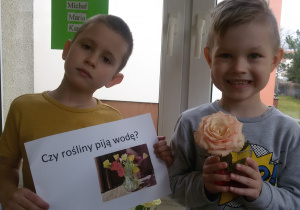 2 chłopców, z których jeden trzyma zabarwionego kwiatka, a drugi kartkę z pytaniem "czy rośliny piją wodę?".