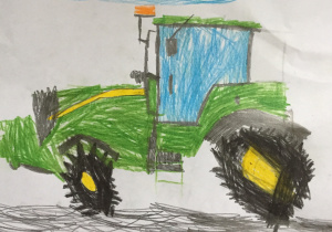 Praca plastyczna Jakuba, który narysował kredkami zielony traktor z niebieską kabiną.
