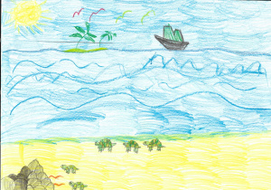 Szymon narysował kredkami morze, po którym płynie statek. Widać również małą wysepkę, na której rosną dwie palmy. Po plaży spacerują trzy żółwie. W lewym dolnym rogu znajdują się skały i dwa żółwie, które kopią dołki, aby złożyć jaja.
